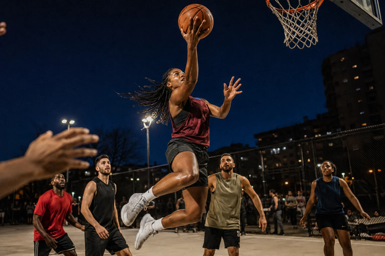 An airborne basketball player reaching for a layup as her community plays around her